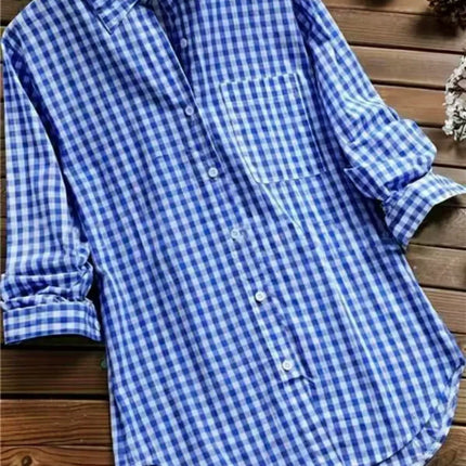Plus Size Plaid Women's Cotton Linen Long Sleeves Roll Up Striped Casual V Neck Button Down Shirts Blouses Collar Tunic Tops