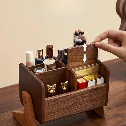 Walnut Cosmetic Organiser Desk-top Vanity Unit Lipstick & Eyeshadow Organiser Makeup Brush Holder Large Capacity Storage Rack