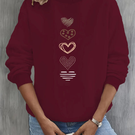 Women's Casual Heart Print Pullover Sweatshirt Geometric Design Long Sleeve Round Neck Machine Washable Regular Fit for Autumn