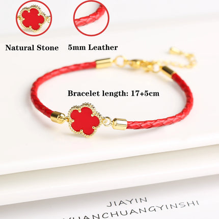 Classic Genuine Leather Woven Natural Stone Five Leaf Flower Charm Bracelet Fashion for Women Girls Party Wedding Jewelry Gift