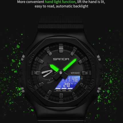 SANDA 3167 Top New Style Men's Casual Military Outdoor Sport Wrist Watch Quartz 50M Waterproof Fashion Dual Display Men's Watch
