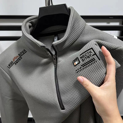 Trendy Long Sleeve Polo Shirt Men's Loose Fit Patchwork Color Embroidered Letter American Retro Half Zip Sweatshirt