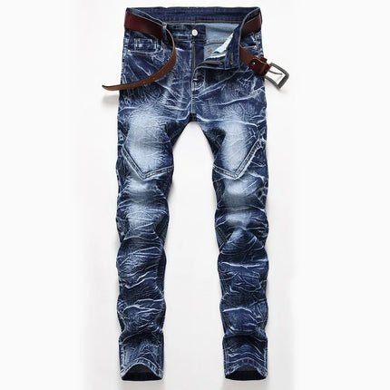 Men's Blue Stretch Jeans, Washed and Bleached Straight-leg Denim Pants, Asian Sizes 28–42. New 2026