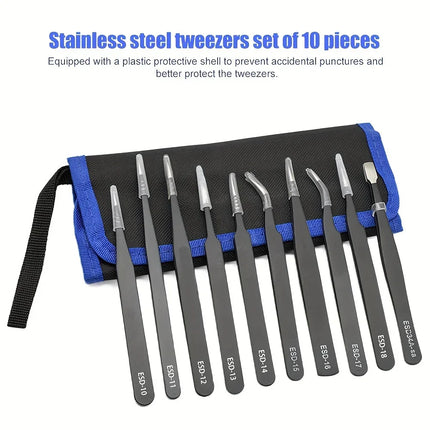 Tweezers Set, 10Pcs Precision Anti-Static Tweezers with Storage Pouch, Stainless Steel Tweezers for Electronics, Jewelry, Craft