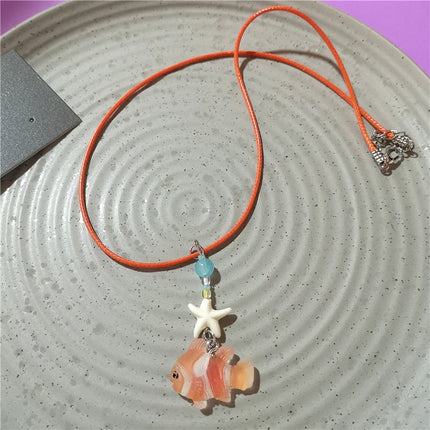 Cute Orange Ceramic Fish Starfish Pendant Beaded Choker Necklace For Women Seaside Vacation Bohemian Harajuku Charm Accessories