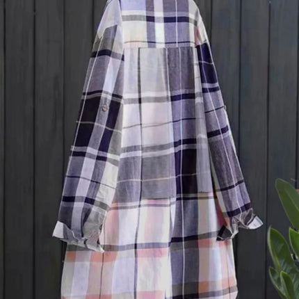Plus Size Women's Shirt 2025 Korean Style of Casual Fashion Single-breasted Sunscreen Blouse Lapel Square Plaid Top Long Sleeve
