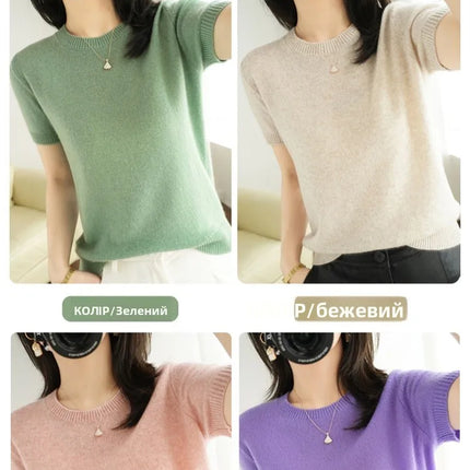 Summer New Women's Knitted Short Sleeve T-shirt Thin Wool Cashmere Short Sleeve Loose Fit Round Neck Top Outerwear Straight Cut