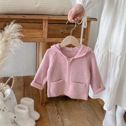 New Spring Autumn Toddler Girl Boy Sweater Coat Knit Hooded Cardigan Long Sleeve Top with Pockets Warm Casual Outerwear A5336