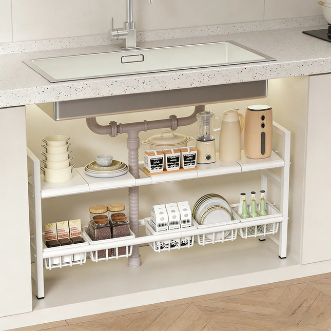 Under-Sink Kitchen Storage Rack/Shelf, Extendable, Single/Double Layer Storage Solution, Made of Steel, Perfect for Kitchen Use, Ideal for Laundry Rooms, under the Sink, Maximizes Space, Easily Stores Various Bottles and Spic
