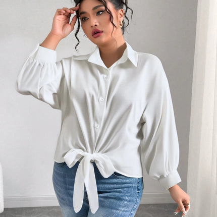 Large Size Ladies Pure Color Shirt with Butterfly Knot Collar Simple Daily Match Sunscreen Long Sleeve Shirt