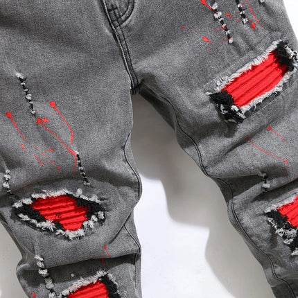 Men's Ripped Denim Jeans for Man High Stretch Skinny Biker Pants Casual Slim Fit Trousers with Patchwork Embroidery Streetwear