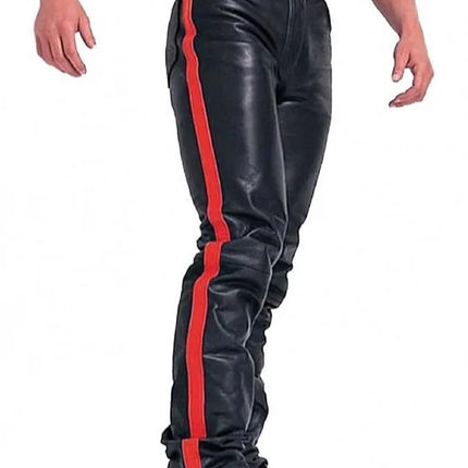 New Men's Black PU Leather Side Color-blocking Punk Style Street Casual Pants Motorcycle Leather Trousers Four Season Pants Male
