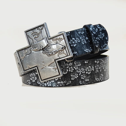 Luxury Designer Gothic Punk Belt for Men And Women Cross Buckle plus Size Silver Flora Black Waistband for Jeans Skirt Dress