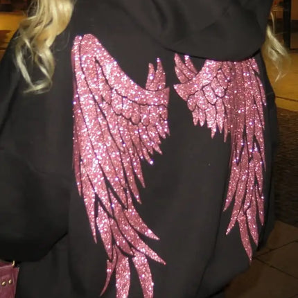 Black Oversized Hoodie Women Pink Sequin Angel Wings Back Graphic Heavy Glitter Sparkly Detail  Casual Fashion Pullover Jacket