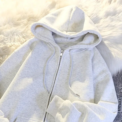 Women's Oversize Hoodie Jacket Thickened Cotton Polyester Zipper Cardigan Fleece Outerwear Lazy Style Solid Color Coat