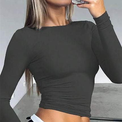 Basic Long Sleeve Crop Top for Women Spring Autumn Winter Round Neck Slim Fit Solid Color T-shirt Streetwear Tee Top