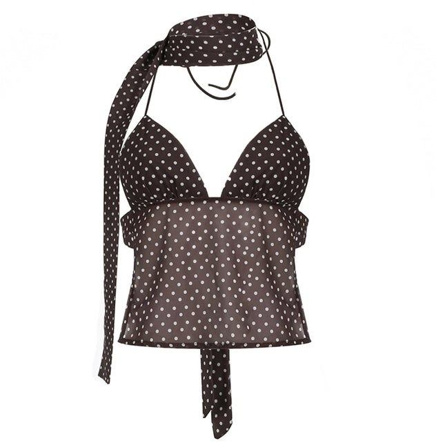 Gaono Women's Sexy Camisole Top Sleeveless Backless V-Neck Polka Dot Print Tank Top Y2k Coquette Halter Neck Cami Crop Top