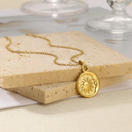 2025 Sun Moon Coin Pendant Necklace For Women Cute Fashion Gold Color Stainless Steel Round Necklace Sweet Jewelry Her Gifts