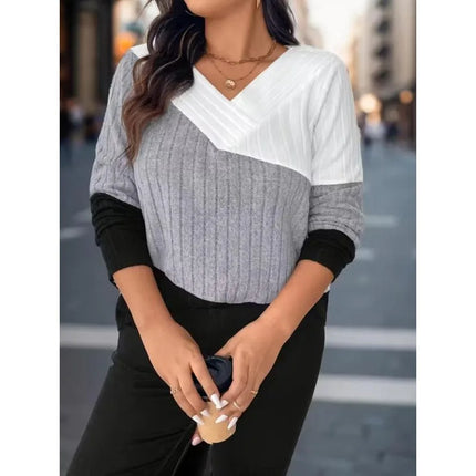 Plus Size New Women's Autumn Fashion Sweater Colorblock Long Sleeve V Neck Casual Daily Pullover