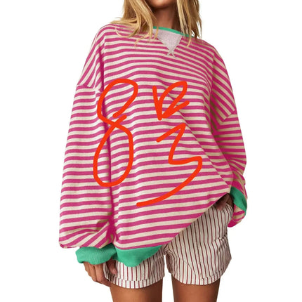 Casual Embroidered Striped Splicing Long Sleeve Crew Neck Pullover Hoodie Women's Clothing Comfortable Breathable Streetwear
