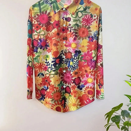 Plus Size Crushed Printed Button Casual Shirt Single Row Button Home Fashion Basic Versatile T-shirt