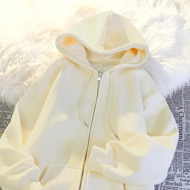 Women's Oversize Hoodie Jacket Thickened Cotton Polyester Zipper Cardigan Fleece Outerwear Lazy Style Solid Color Coat