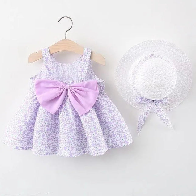 0-3-year-old baby clothes summer seaside vacation children's floral sleeveless bow girl princess dress + hat
