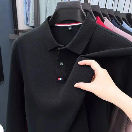 Men's turn-down collar T-shirt, long-sleeved, autumn business style, 100% cotton, casual Polo shirt, men's top, Polo shirt