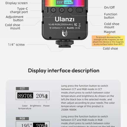 Ulanzi VL49 RGB Camera Light LED Video 2500K-9000K 800LUX Magnetic Mini Fill Light 3 Cold Shoe 2000mAh Type-C for Youtube