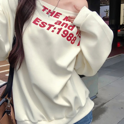 Sexy Oversized T-shirt Women Streetwear Letter Print Skew Collar Off Shoulder Long Sleeve Basic Top Korean Fashion Loose T-shirt