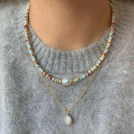 Retro Handmade Woven Natural Stone Beadeds Chain Pearl Pendant Necklace Bracelet Accessories for Women Fashion Jewelry Set Gifts