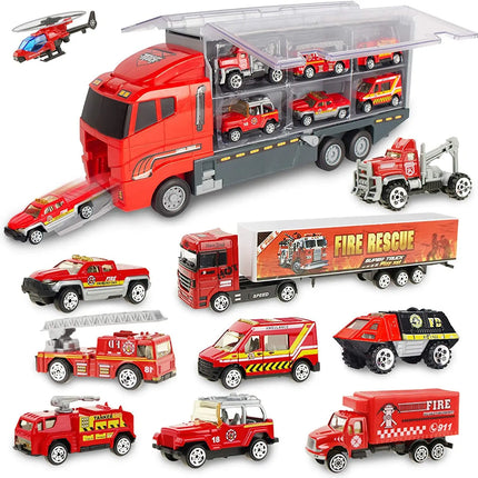 10 in 1 Big Trucks Set Mini Alloy Diecast Car Model Toys Vehicles Carrier Truck Helicopter Tank Fire Truck Engineering Car Toys