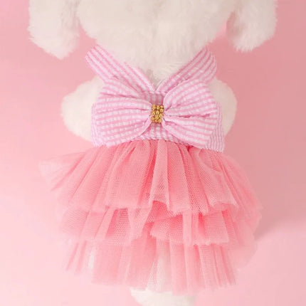 Dog Dress Girls Summer Clothes for Dogs Cat with Bowknot Clips Lace Striped Pet Suspenders Puppy Princess Dresses Dog Tutu Skirt