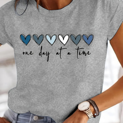Women'S Casual Graphic T-Shirt - It'S One Day at a Time Heart Print, Short Sleeve Round Neck Top for Spring & Summer