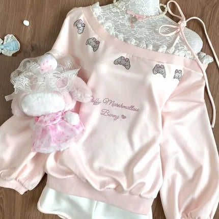 Japanese Kawaii Pink Sweatshirt Women Off Shoulder Lace Bow Long Sleeve Top Sweet Girl Design Fashion Soft Cute Casual Pullover