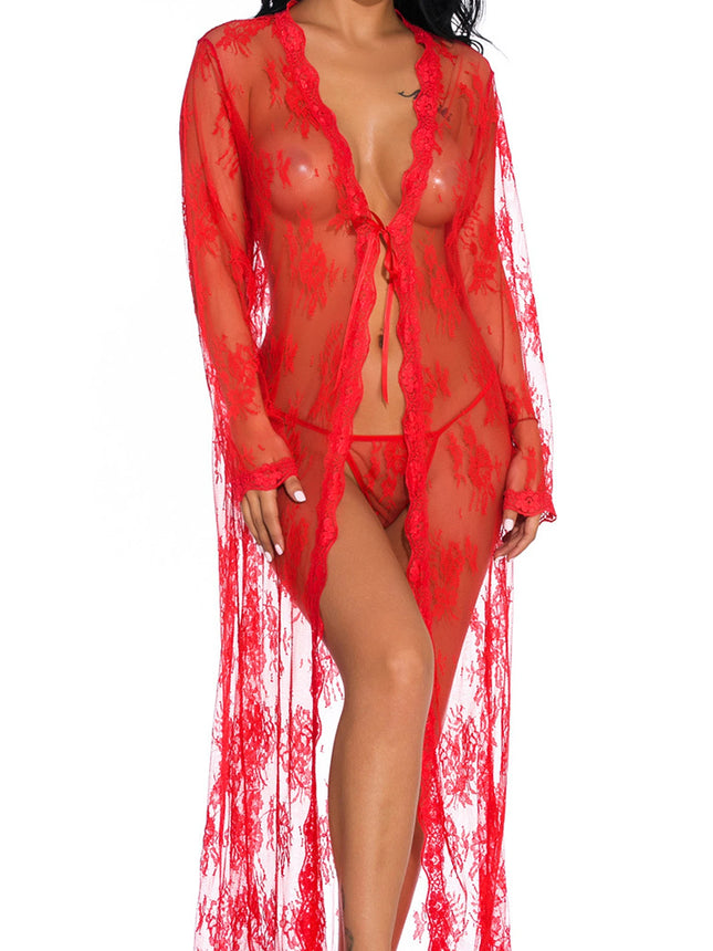 Women's Sheer Floral Lace Robe Long Sleeve Deep V-Neck Open Front Maxi Nightgowns with Thong Sets Sexy Lingeries for Honeymoon