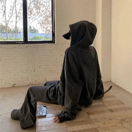 2025 New Women Loose American Zip Hoodie Washed Vintage Black Grey Autumn Winter Fashion Casual Streetwear