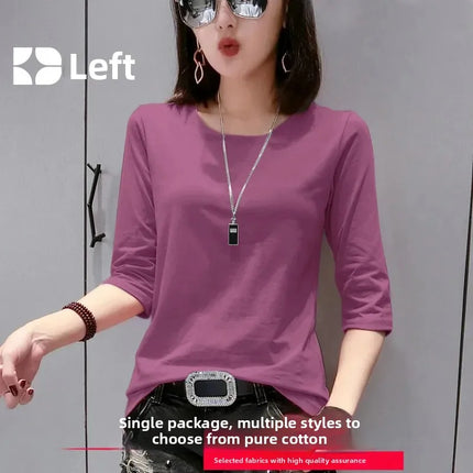 High-End Pure Cotton T-Shirt Women's Summer 3/4 Sleeve 2025 New Korean Style Fashionable Simple Slimming Top Body Shirt
