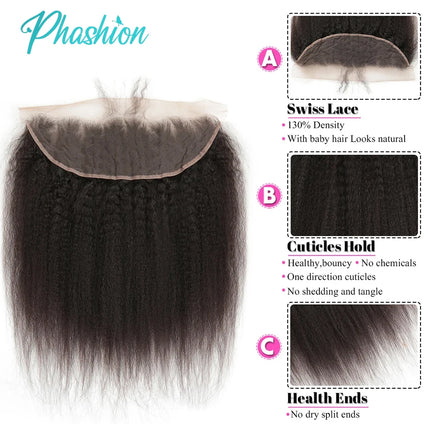 Phashion 13x4 Kinky Straight Lace Frontal Ear To Ear Pre Plucked Swiss Transparent Yaki 4x4 Closure Remy Human Hair For Women
