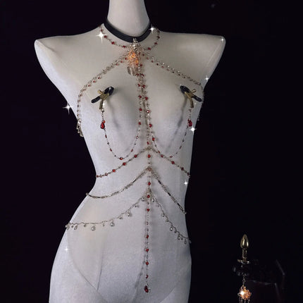 Red Ruby Crystal Rhinestone Full Body Chain Choker Nipple Clamps with Pendant BDSM Bondage Jewelry Set for Couple Sex Toys 18+