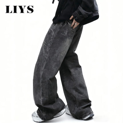 LIYS Men's Women's Retro Gray Ultra Baggy Wide-Leg Jeans Four Seasons Casual Oversized Loose Straight-Leg Denim Pants Unisex