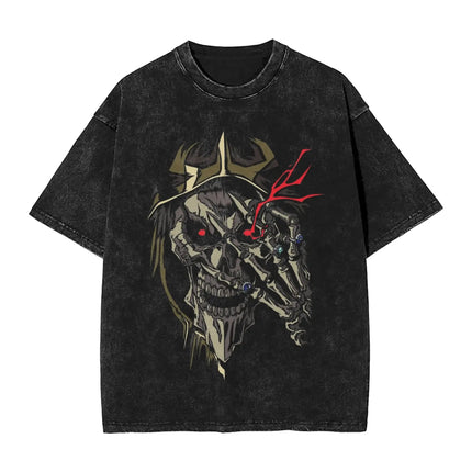 Vintage Washed Black OVERLORD Ainz Ooal Gown T-Shirt – Front Character Illustration with English Title & Japanese Name Text