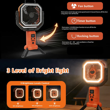 30000mAh Portable Camping Fan Light 4-Gear Wind Speed Outdoor Tripod Stand, with 3 Brightness LED Lights USB Charging Desk Fan
