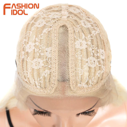 FASHION IDOL 36inch/90cm Body Wavy Lace Wigs Synthetic High Temperature Fiber Ombre Blonde Natural Hair Lace Front Wigs Cosplay