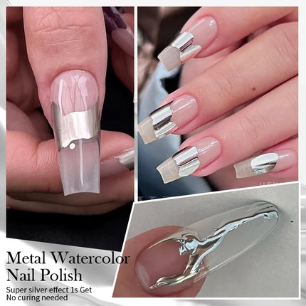BORN PRETTY 7ml Silver Metal Effect Watercolor Nail Polish Clear Blossoming Effect Natural Air Dry Manicure Nail Art Varnish