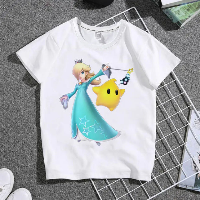The New 2026 Super Mario Mary Cartoon Parent-child Outfit Male and Female Students Summer White T-shirt with Short Sleeves