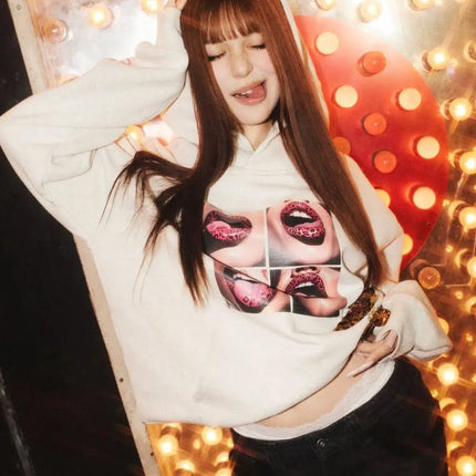 Leopard Lips Print Hoodie Men Women Oversized Streetwear Sweatshirt Artistic Sleeve Graphics Hip Hop Rock Unisex Pullover Top