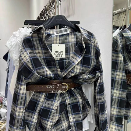 Loose Long-Sleeve Shirt Women's Korean Style Plaid Versatile Shirt with Belt, Slimming Effect, Early Autumn New Style Dongdaemun