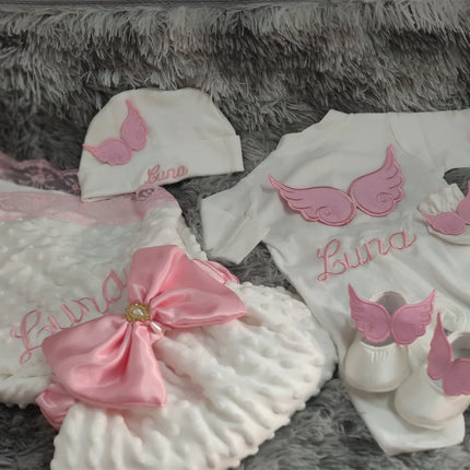 Dollbling Hospital Exit 5pcs Embroidery Name Newborn Angle Wings Romper Blanket  Nursery Bedding Swaddle Handmade Infant Outfit