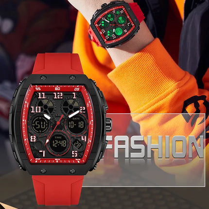 Men Sports Digital Wrist Watches For Male Clock Dual Display Man Tonneau Watches Chronograph Luminous Silicone Band Dropship